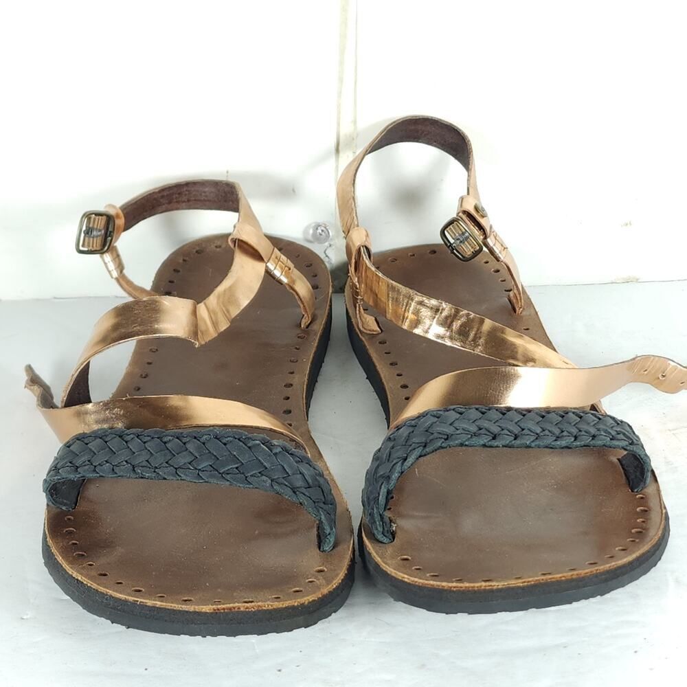 UGG Women's Jordyne US9 Leather Metallic Rose Copper Black Braided Sandals - Picture 4 of 16
